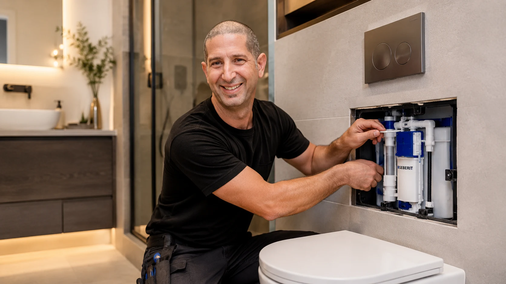 ירון סלמון מתקן ניאגרה סמויה עם פתח שירות פתוח בחדר רחצה