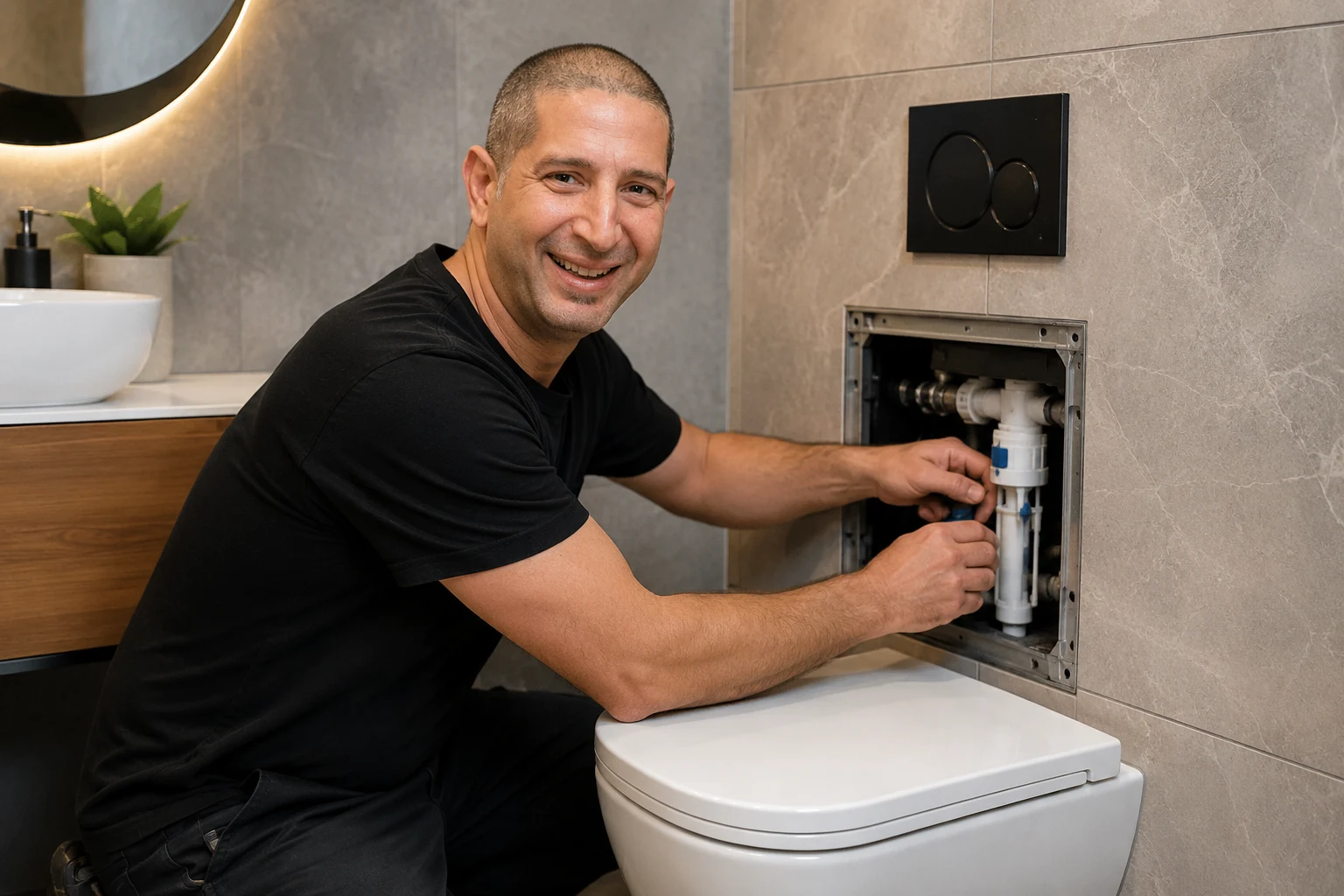 ירון סלמון בעבודת תיקון ניאגרה סמויה — פתח שירות פתוח עם מנגנון הדחה גלוי